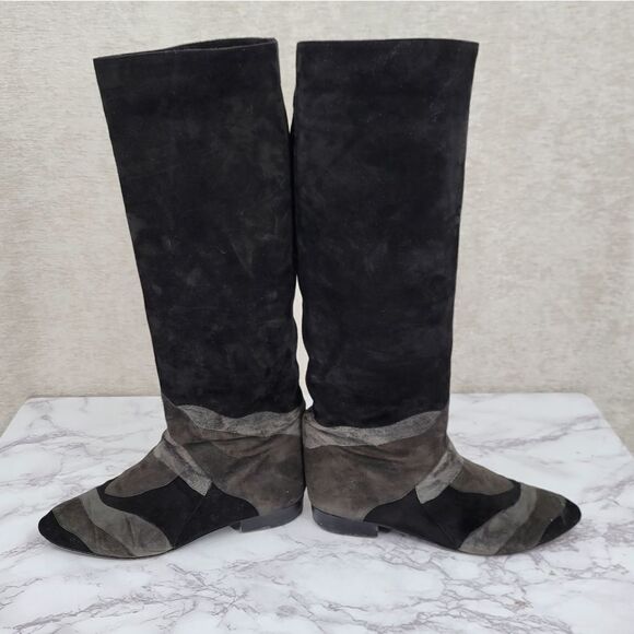 Mario Valentino Vintage 80s 90s Black Gray Tall Pull On Suede Knee High Boots - Picture 4 of 13